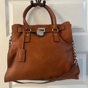 MICHAEL KORS "HAMILTON" Luggage LEATHER SATCHEL HANDBAG LG With Silver Hardware